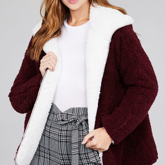 NWT White + Burgundy Fluffy Jacket - Picture 2 of 3
